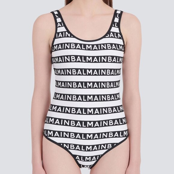 Balmain Black & White Knit All-Over Logo-Stripe Bodysuit - Picture 1 of 9